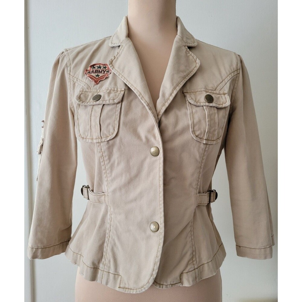 GADZOOKS ARMY PATCH KHAKI 3/4 SLEEVE UNLINED COLLARED JACKET L